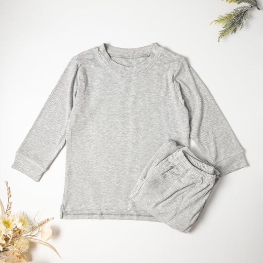 2-piece Grey Long-Sleeved Ribbed Cotton Set