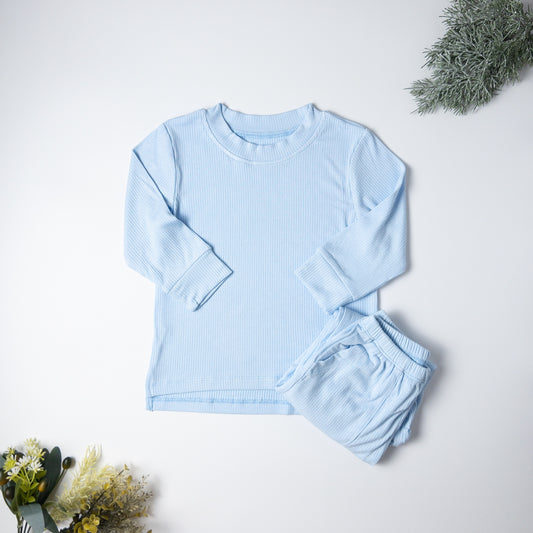 2-piece Baby Blue Long-Sleeved Ribbed Cotton Set