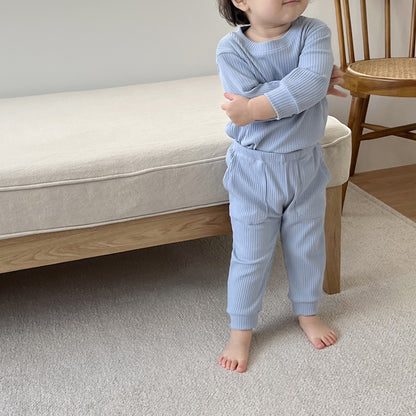 2-piece Baby Blue Long-Sleeved Ribbed Cotton Set