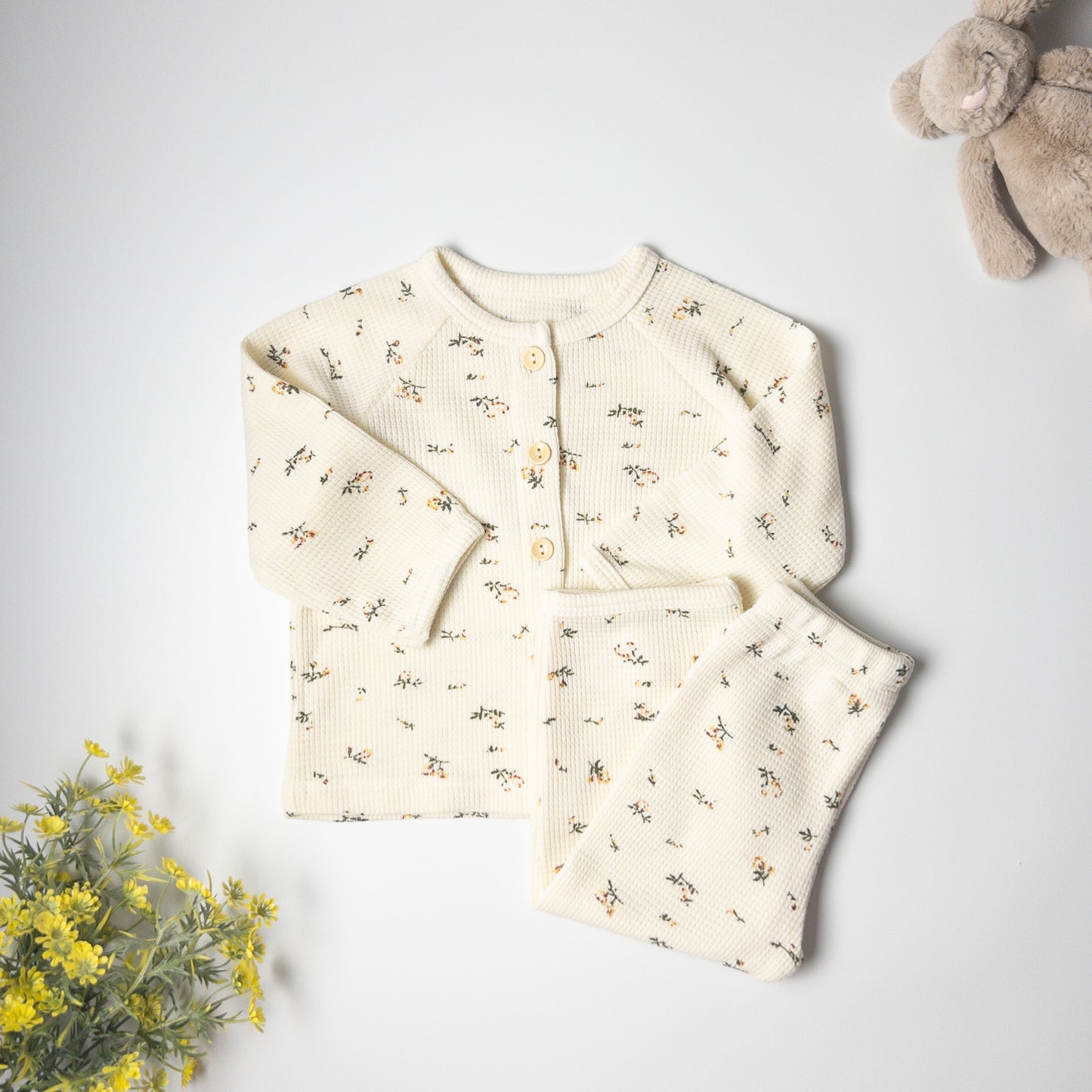 2-piece Cream Blossom Waffle Cotton Set